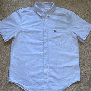 Men’s Medium Lacoste Light Blue Button Up Short Sleeve Dress Shirt (stain)